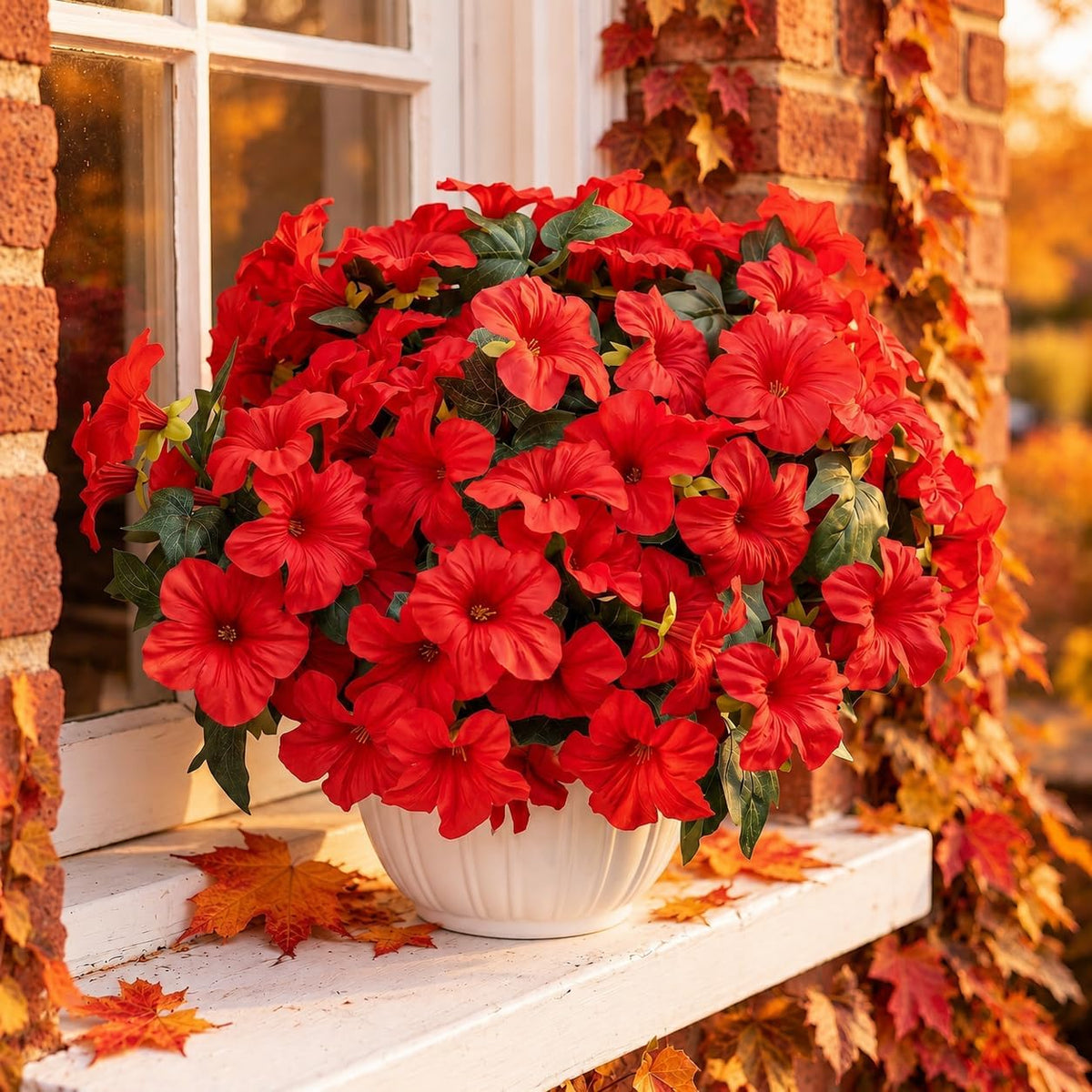 Artificial Fake Flowers Plants for Outdoor Decoration, 4PCS Faux Petunias Silk Flower UV Resistant No Fade for Home Outside Garden Balcony Yard Porch Realistic Indoor Decor (Red)