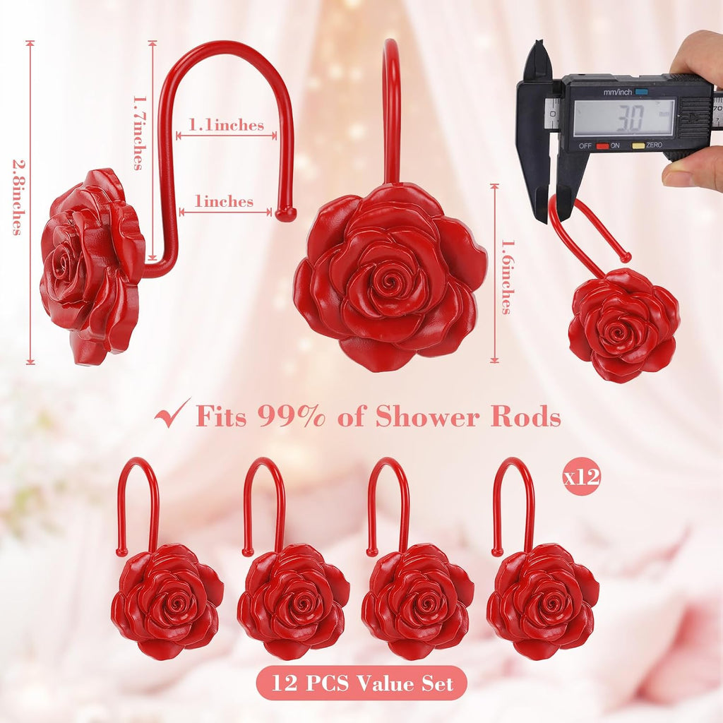 Metal Rose Shower Curtain Hooks, Rust-Resistant Hooks for Shower Curtain Rods, Set of 12, Beautiful Floral Rose Design Bathroom Decoration Hooks (Red)