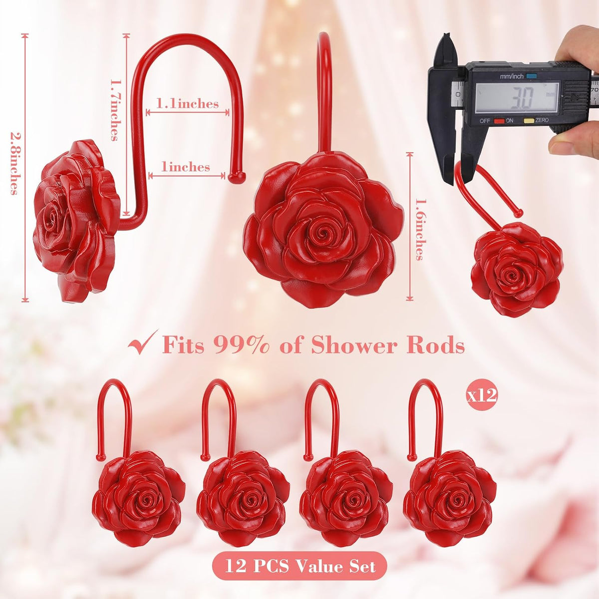 Metal Rose Shower Curtain Hooks, Rust-Resistant Hooks for Shower Curtain Rods, Set of 12, Beautiful Floral Rose Design Bathroom Decoration Hooks (Red)