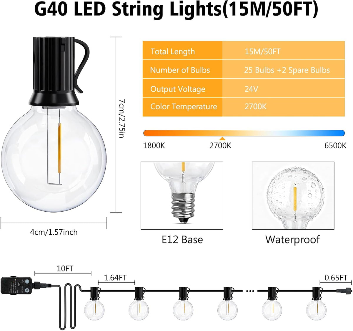 G40 50FT Outdoor String Lights, LED Globe Patio Lights with Light Sensor