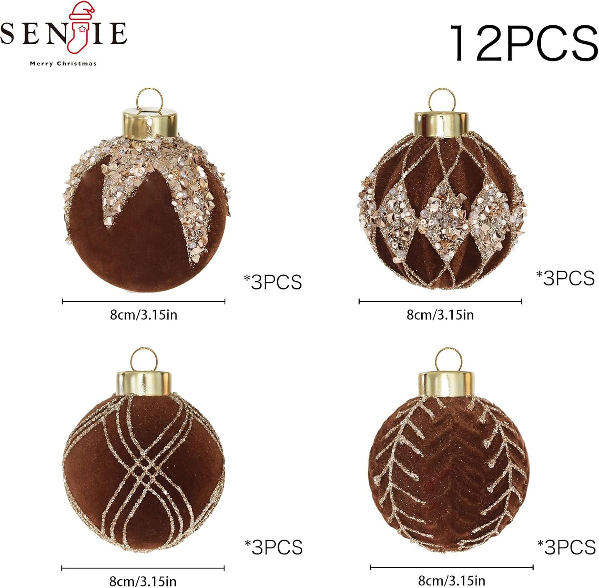 3.15IN Velvet Christmas Ornaments with Glitter, 12pcs Flocked Ornaments Set