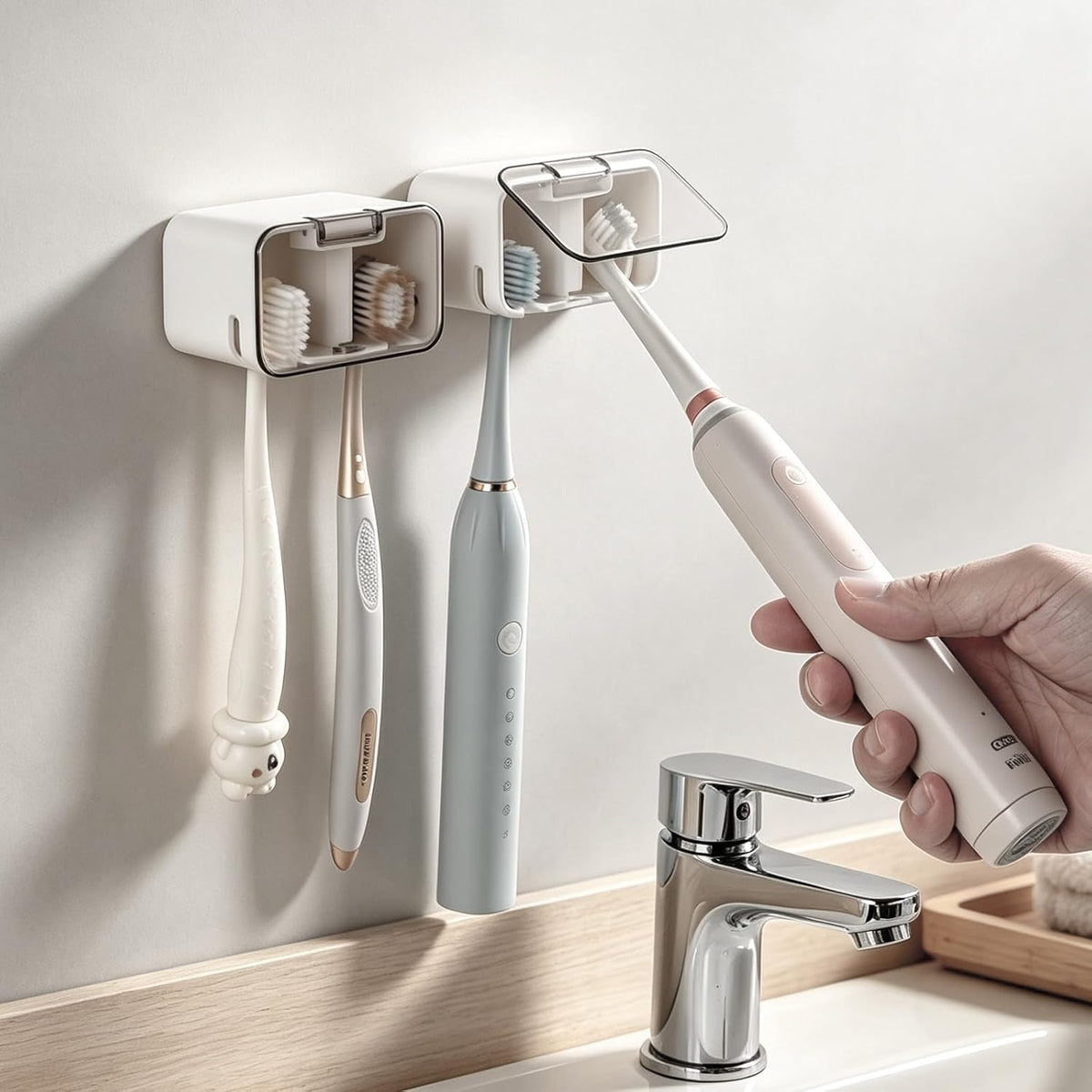 Toothbrush Holder Wall Mounted with Pop-Up Waterproof Cover, 2 Slots & Ventilated, No-Drill Adhesive Bathroom Organizer, Detachable Easy Clean, Fits Most Manual & Electric Toothbrushes (2pc Grey)