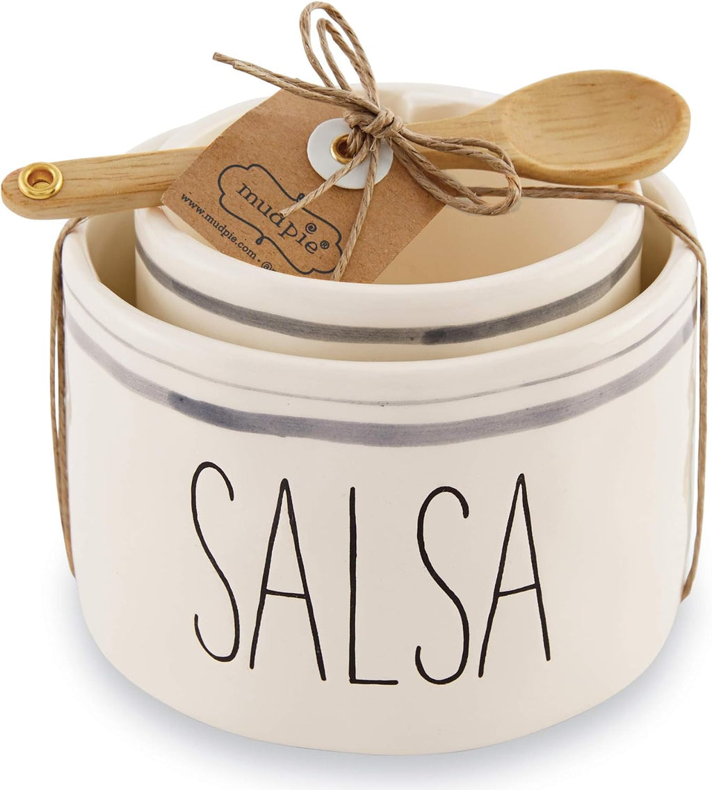 Mud Pie Salsa and Guac Bowl Set, Nesting Ceramic Dip Bowls with Wood Spoon