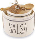 Mud Pie Salsa and Guac Bowl Set, Nesting Ceramic Dip Bowls with Wood Spoon