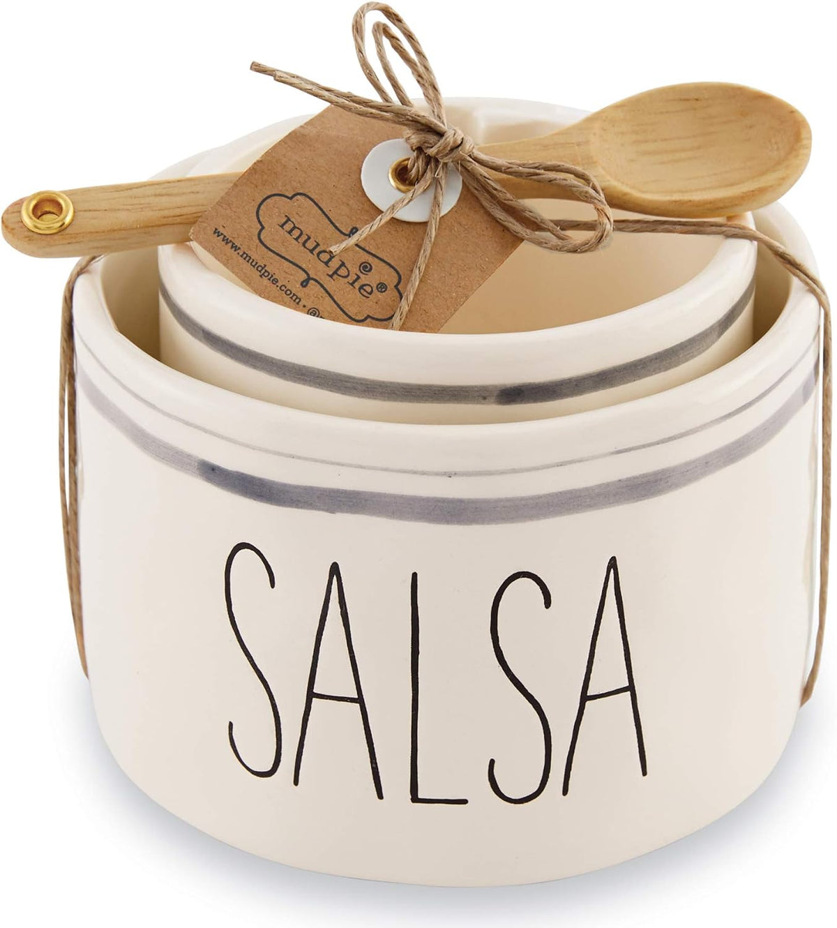 Mud Pie Salsa and Guac Bowl Set, Nesting Ceramic Dip Bowls with Wood Spoon