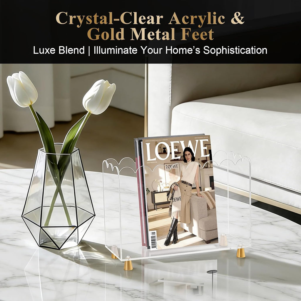 Acrylic Magazine Holder,Magazine Rack Floor,Crystal Clear Stylish Organizer with Luxe Gold Metal Feet and Wave Edge Design Space Saving Storage for Books Newspapers Office Supplies,Home Office