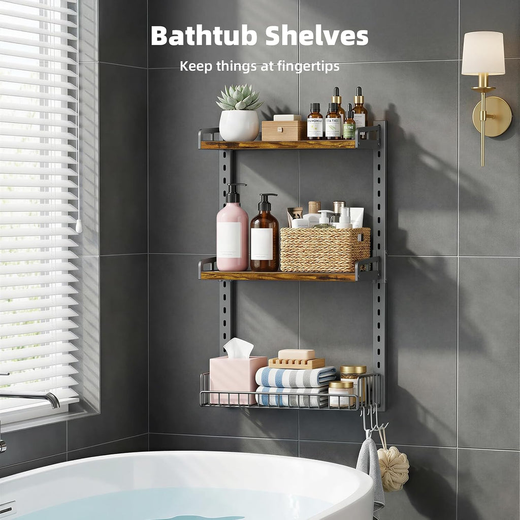 Kalrin 3 Tier Bathroom Shelves Over Toilet - Wall Mounted Floating Shelves with Drain Basket, Toilet Paper Storage, Height Adjustable Over The Toilet Storage, Vintage Brown