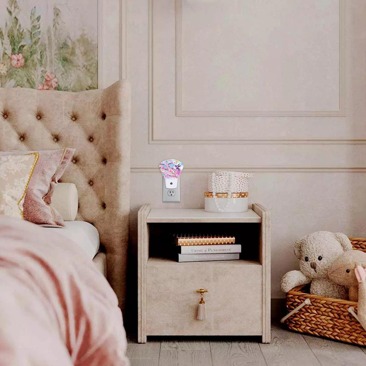 Night Light Flowers and Humming Bird Plug-in LED Dusk-to-Dawn Sensor Soft Night Lamp,Suitable for Home Bedroom Bathroom Hallway Stairs