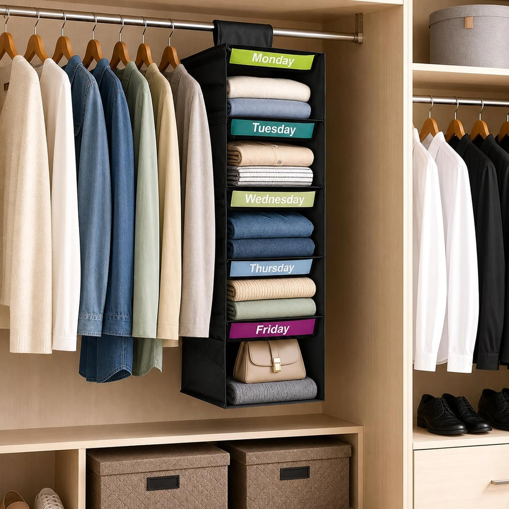 5-Shelf Weekly Clothes Organizer for Kids School Outfits (Black)