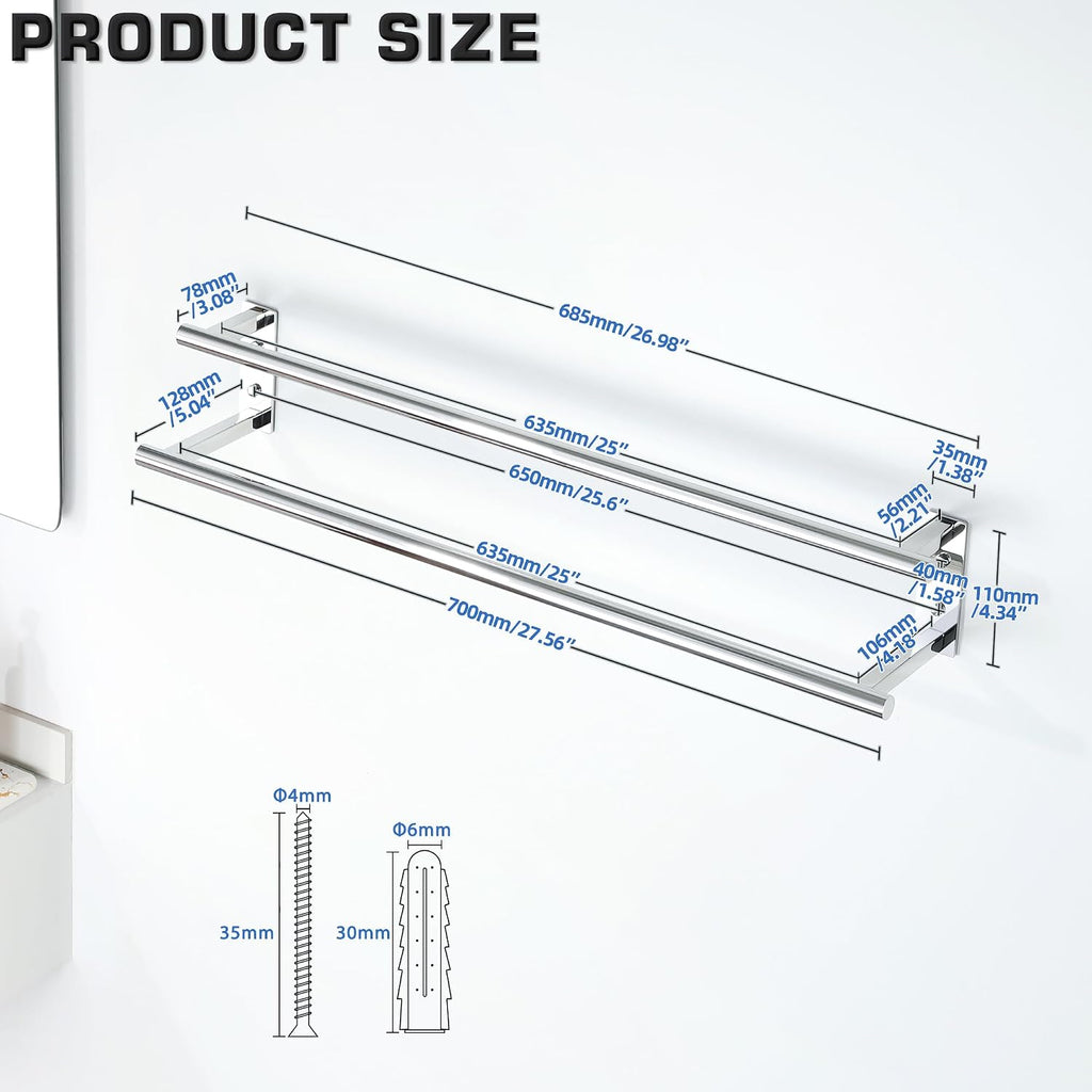 Alise 28‘’ Double Towel Bar for Bathroom Wall Mounted, Polished Chrome