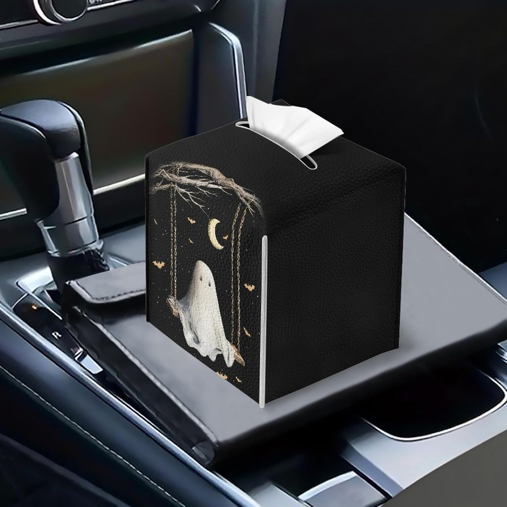 Cute Ghost Tissue Box Holder Square PU Leather Tissues Cube Box Cover Modern Decorative Halloween Decor Facial Napkin Holder Case for Car Kitchen Bedroom Bathroom Black