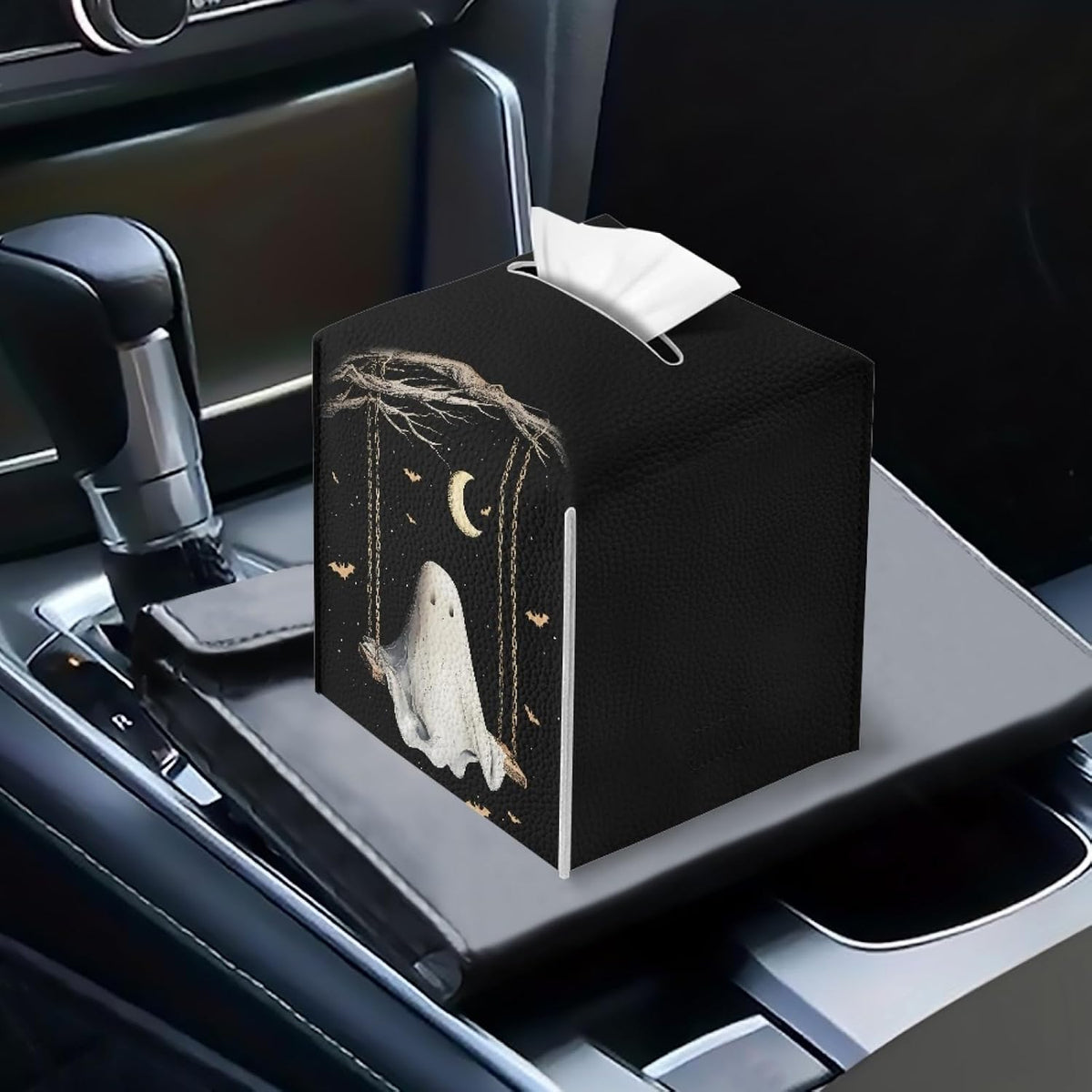 Cute Ghost Tissue Box Holder Square PU Leather Tissues Cube Box Cover Modern Decorative Halloween Decor Facial Napkin Holder Case for Car Kitchen Bedroom Bathroom Black
