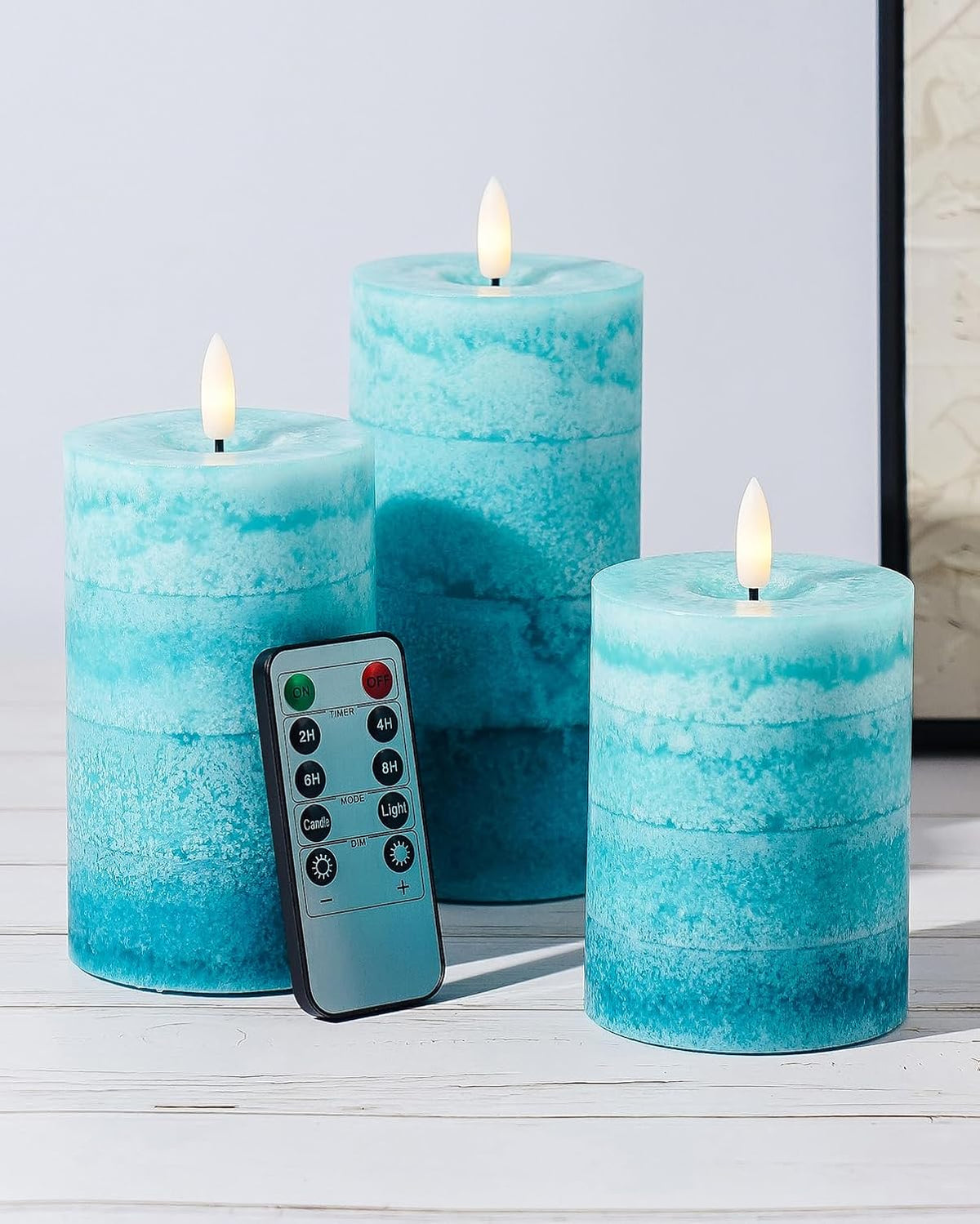 Stmarry Gradient Teal Flameless Candles with Remote and Timer, Real Wax Made LED Pillar Candles Battery Operated with 3D Flickering Flame - 3" x 4", 3" x 5", 3" x 6" - Set of 3 Turquoise Candles