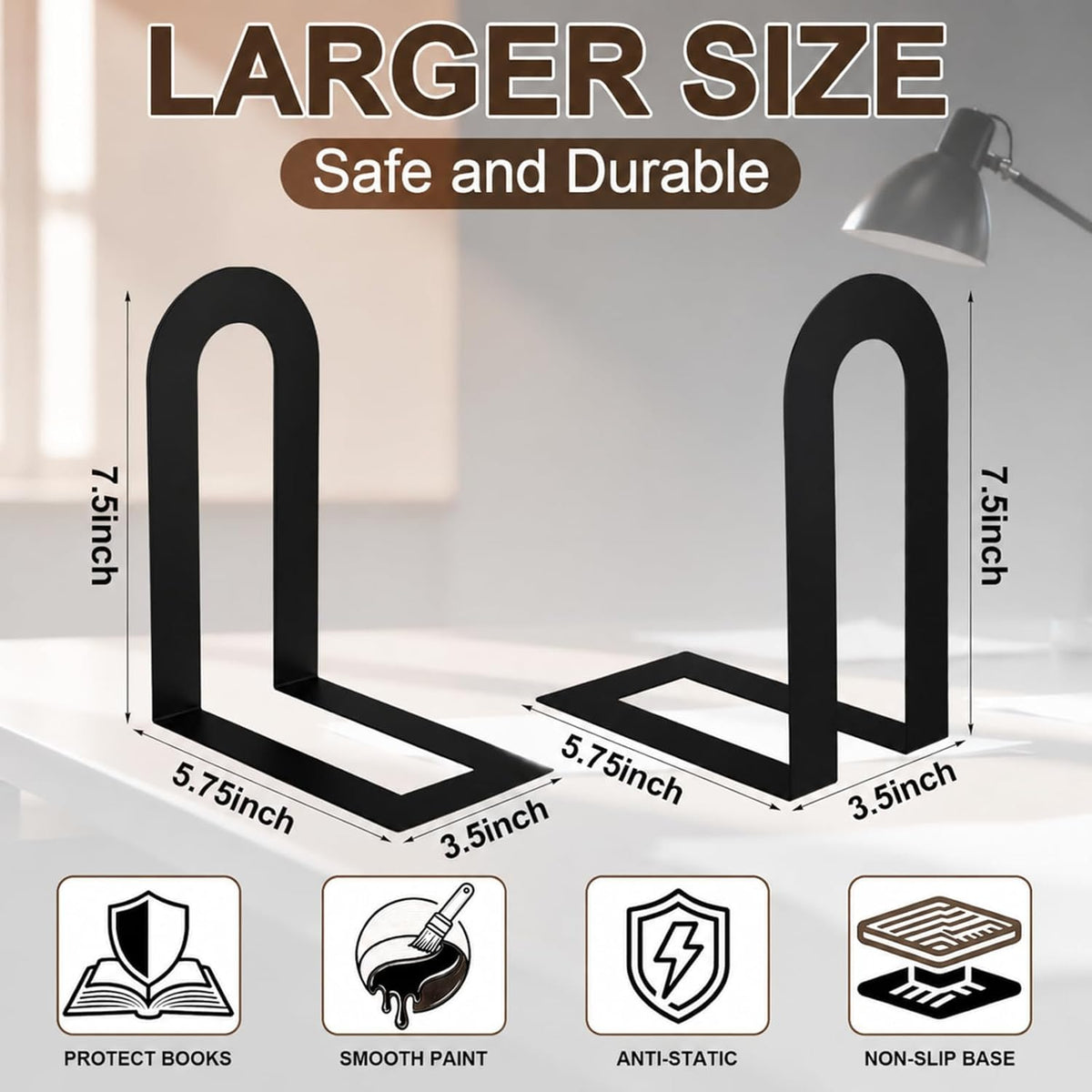 Chunful 8 Pcs Black Metal BookEnds Shelves, 7.5 x 5.75 x 3.5 in