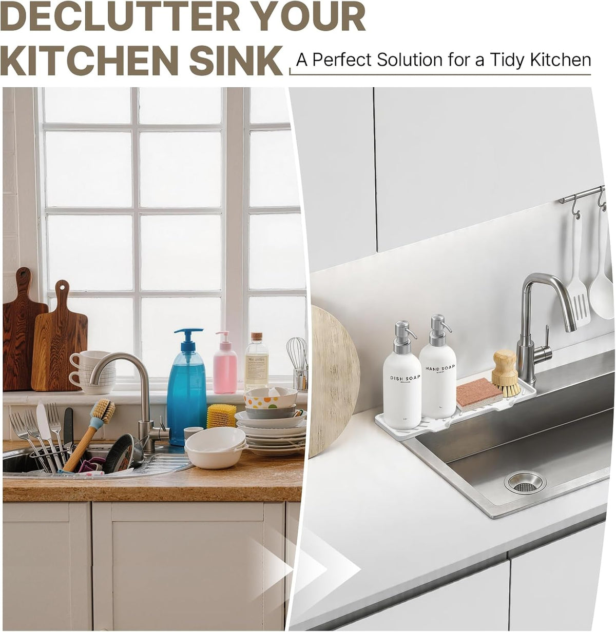 Kitchen Soap Dispenser Set with Self Draining Silicone Tray, Silver
