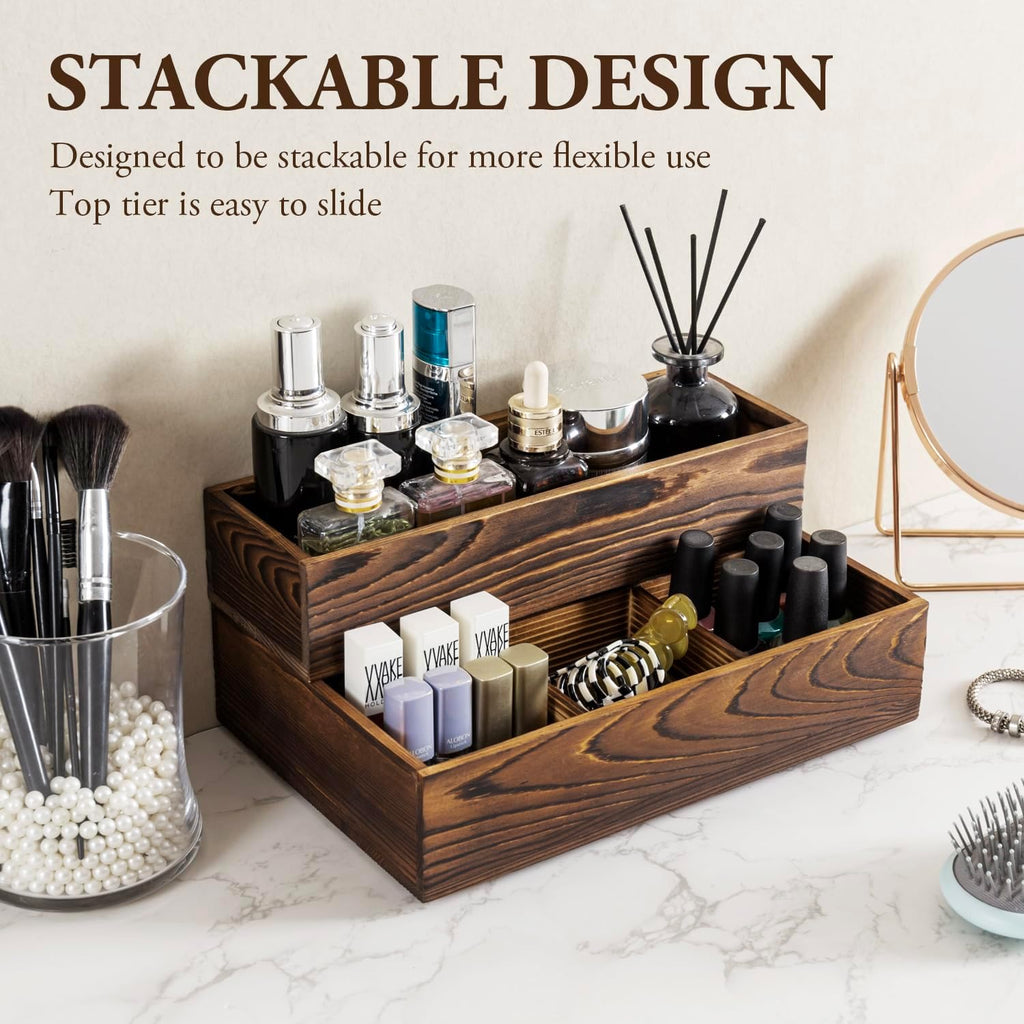 MyGift Counter Storage Organizer, 2 Tier Rustic Burnt Solid Wood Stackable Modular Vanity Countertop Storage Organizer Trays, Decorative Bathroom Makeup Cosmetic Box, 2 Piece Set