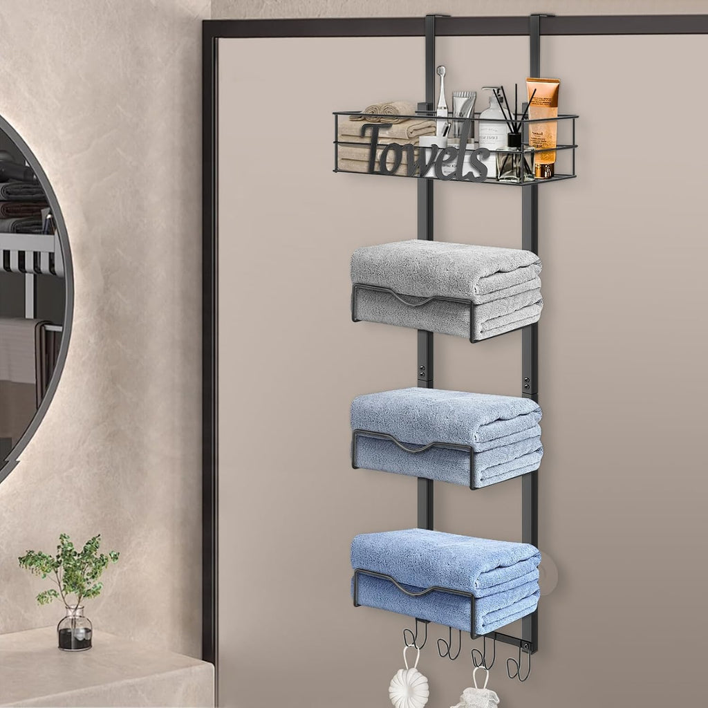 Over The Door Towel Racks, No Drill Towel Storage with Basket & Hooks, Space-Saving Multi-Functional Towel Holder for Bathrooms, bedrooms, Apartments, RVs (Matte Black, 5 Tier)