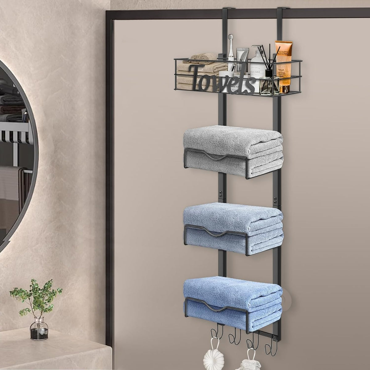 Over The Door Towel Racks, No Drill Towel Storage with Basket & Hooks, Space-Saving Multi-Functional Towel Holder for Bathrooms, bedrooms, Apartments, RVs (Matte Black, 5 Tier)
