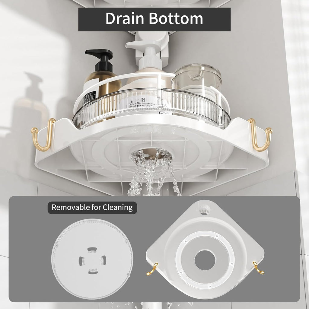 akinbas 360° Rotating Shower Caddy Tension Pole with 4-Tier Rustproof Lazy Susan 35-128 Inch No Drilling Coner Shelves Adjustable Shower Rack for Bathroom Bathtub Washbasin Plant Storage (White)
