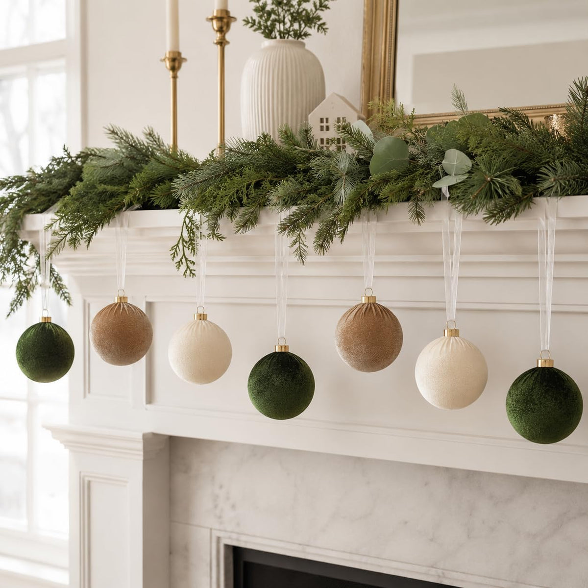 15Pcs 3.15" Large Green and Brown Velvet Balls Ornaments for Christmas Tree