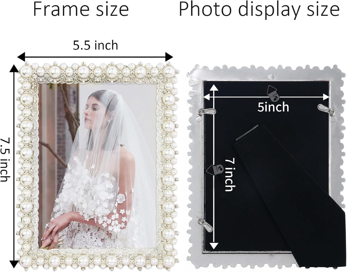 DIKAR 5x7 Wedding Picture Frame, Pearl and Diamond Ornate, Gold Edge