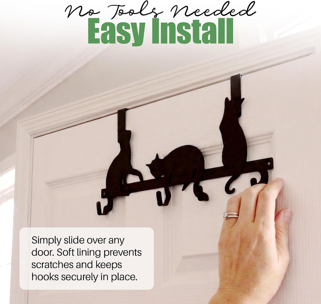 Evelots Cat Over the Door Hook Rack, 4 Hooks for Coats, Towels & Bags