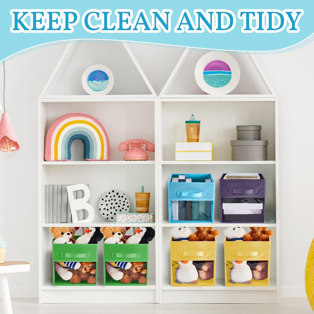 Marsui 8 Pcs Cube Storage Bins with Clear Window 11'' Daycare Storage Cube Organizer Bins for Closet Kid Nursery Playroom with Handle Fabric Collapsible Storage Cubes(Dark Blue, Yellow, Green, Blue)