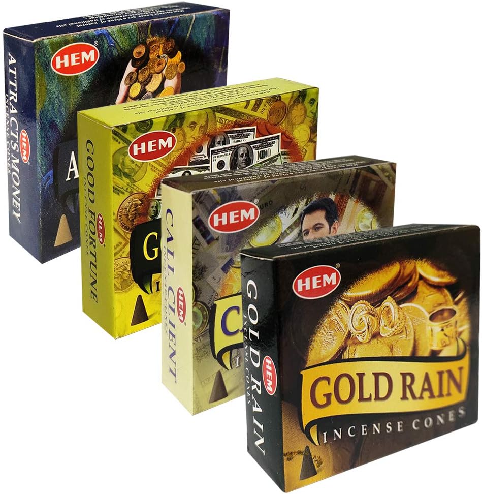 Hem Incense Cones Variety Pack #1 and Cone Incense Burner Bundle with 4 Money Luck and Business Themed Fragrances
