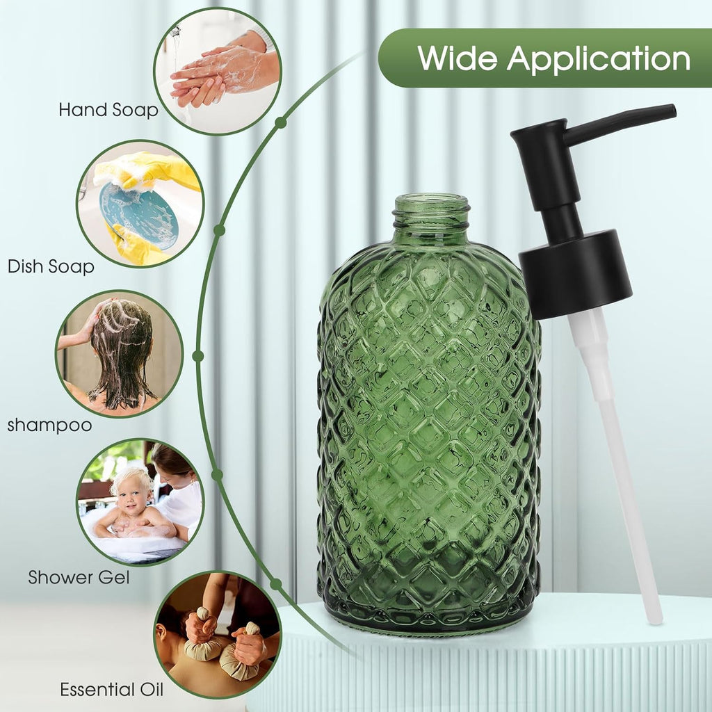 Topsky Gem Glass Soap Dispenser with Black Plastic Pump, 13oz Liquid Hand Soap Dispenser, Rustproof Pump for Kitchen & Bathroom, Great for Lotions, Essential Oil, Liquid Soaps-Army Green