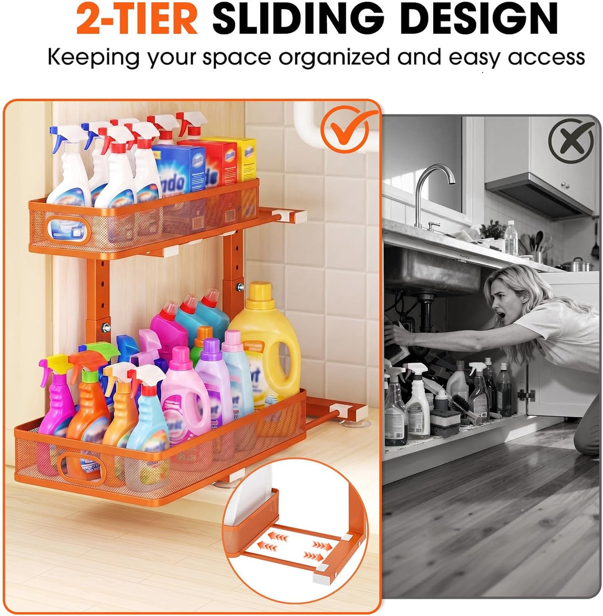 Under Sink Organizer 4-Pack, Metal 2-Tier Pull-Out Cabinet Shelf with Slide-Out Mesh Drawers, Height Adjustable, Space-Saving Under Sink Storage Racks for Kitchen, Bathroom, Laundry Room, Orange