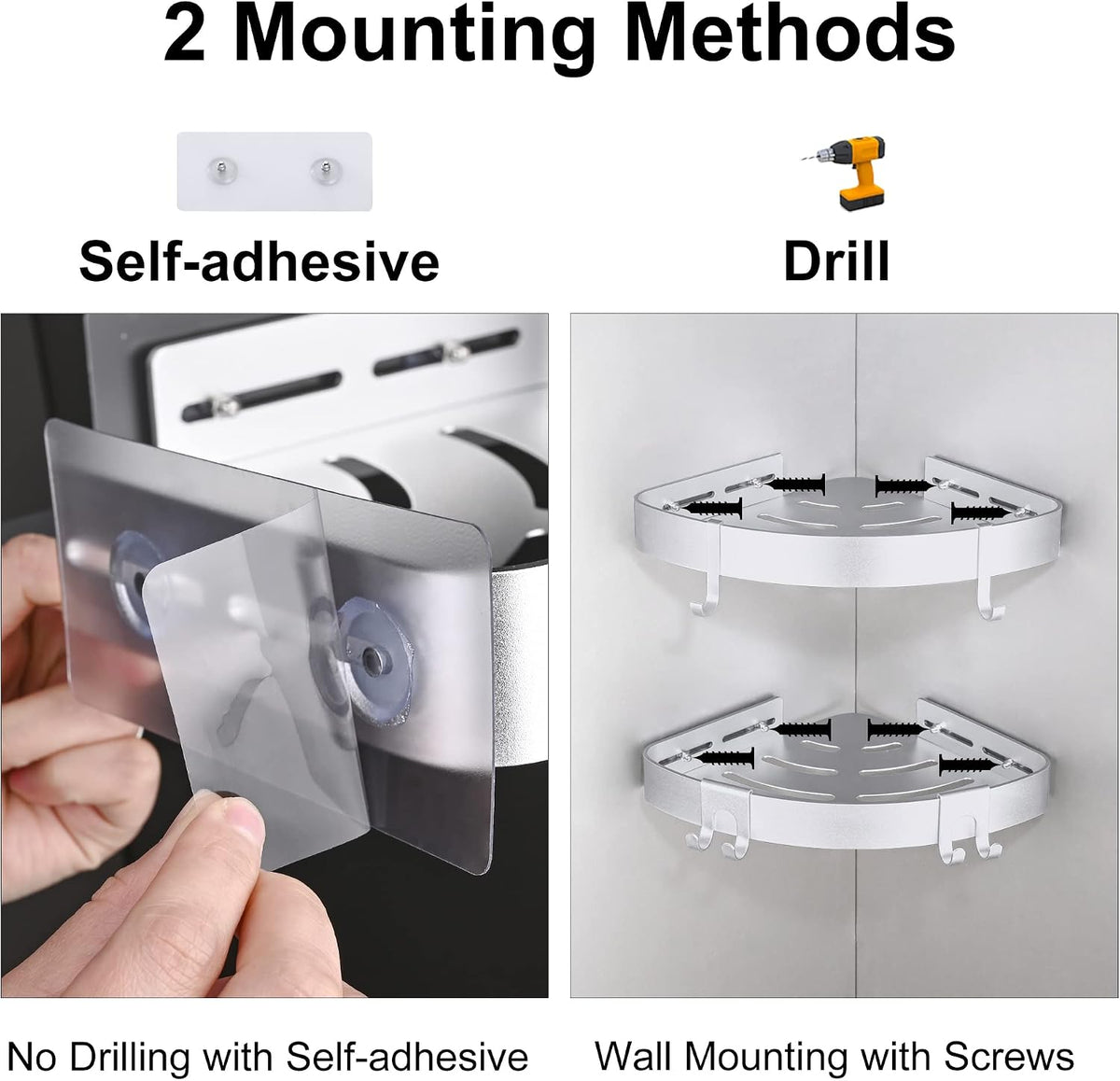 DUFU Adhesive Corner Shower Caddy with Hooks, Silver, 2 Pack
