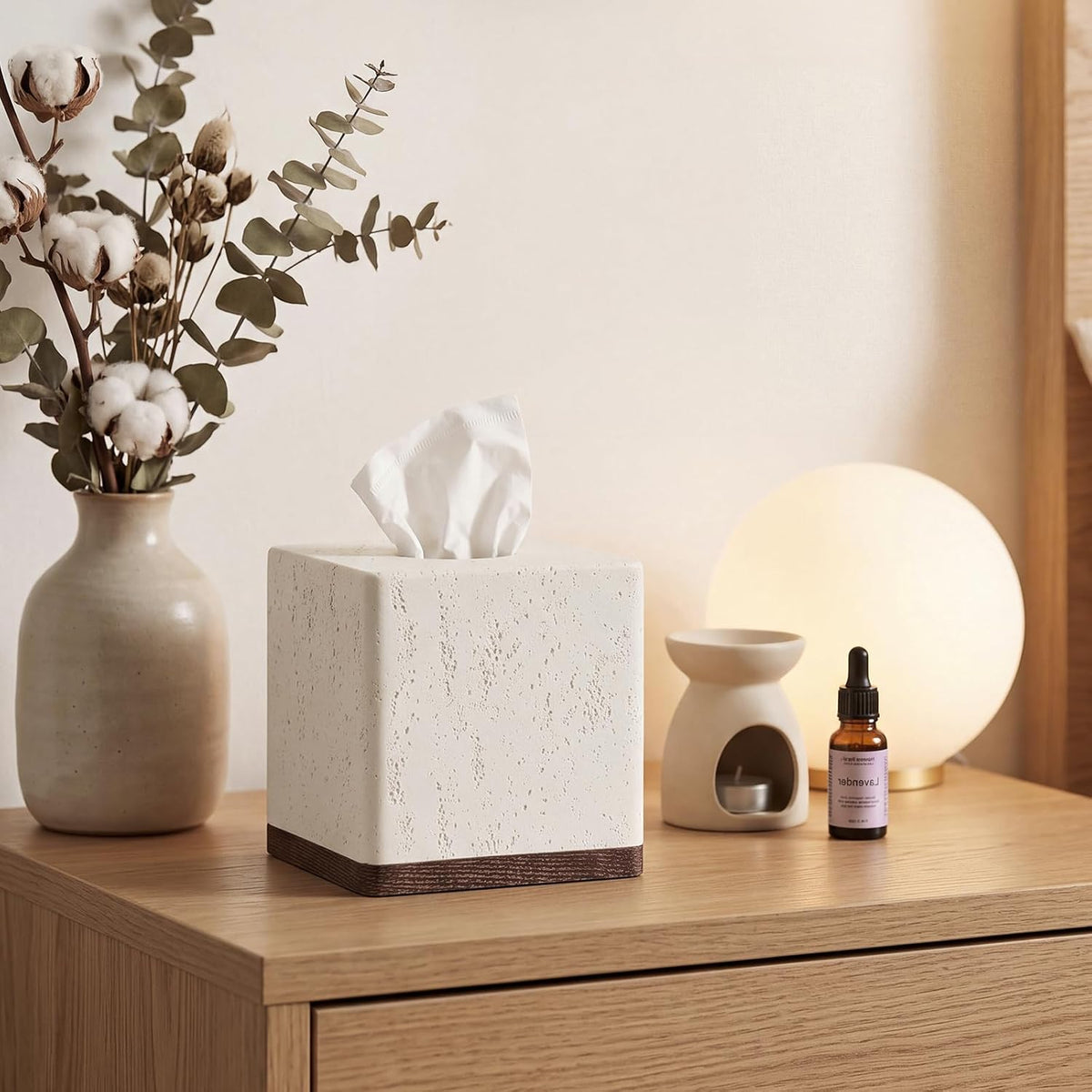 Tissue Box Cover Square, Modern Facial Tissue Holder, Off White Wooden