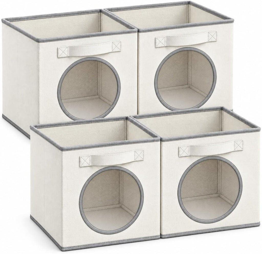 Fabric Storage Cubes with Mesh Window, 11'' Cube Storage Bin, Ivory, 4 Pack