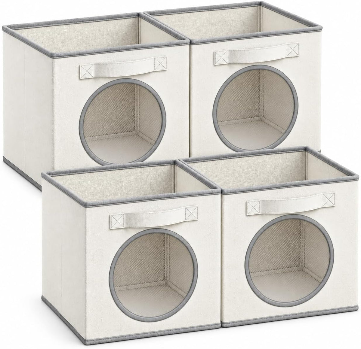 Fabric Storage Cubes with Mesh Window, 11'' Cube Storage Bin, Ivory, 4 Pack