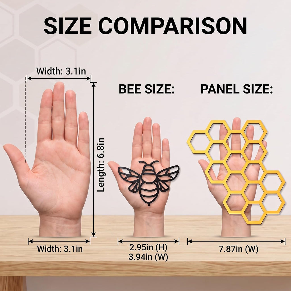 Peryiter 5 Pcs Metal Bee Wall Art Farmhouse Honey Bee Honey Comb Decor Wire Metal Wall Decor Hanging for Living Room Garden Bedroom Office Home (Black, Gold)