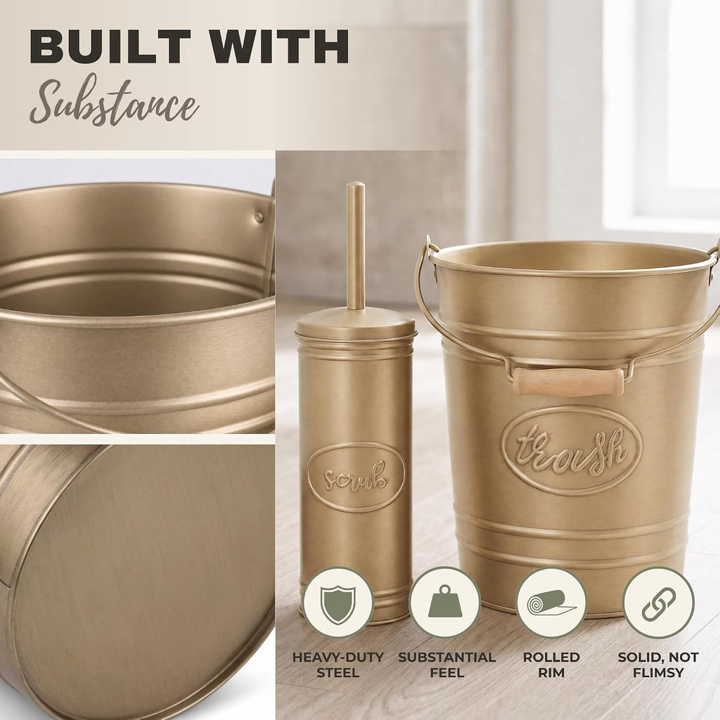 Autumn Alley Rustic Farmhouse Bathroom Trash Can and Toilet Brush Set - Rustic Bathroom Accessories for Charming Bathroom Décor, Antique Gold, 2 Gal. Capacity