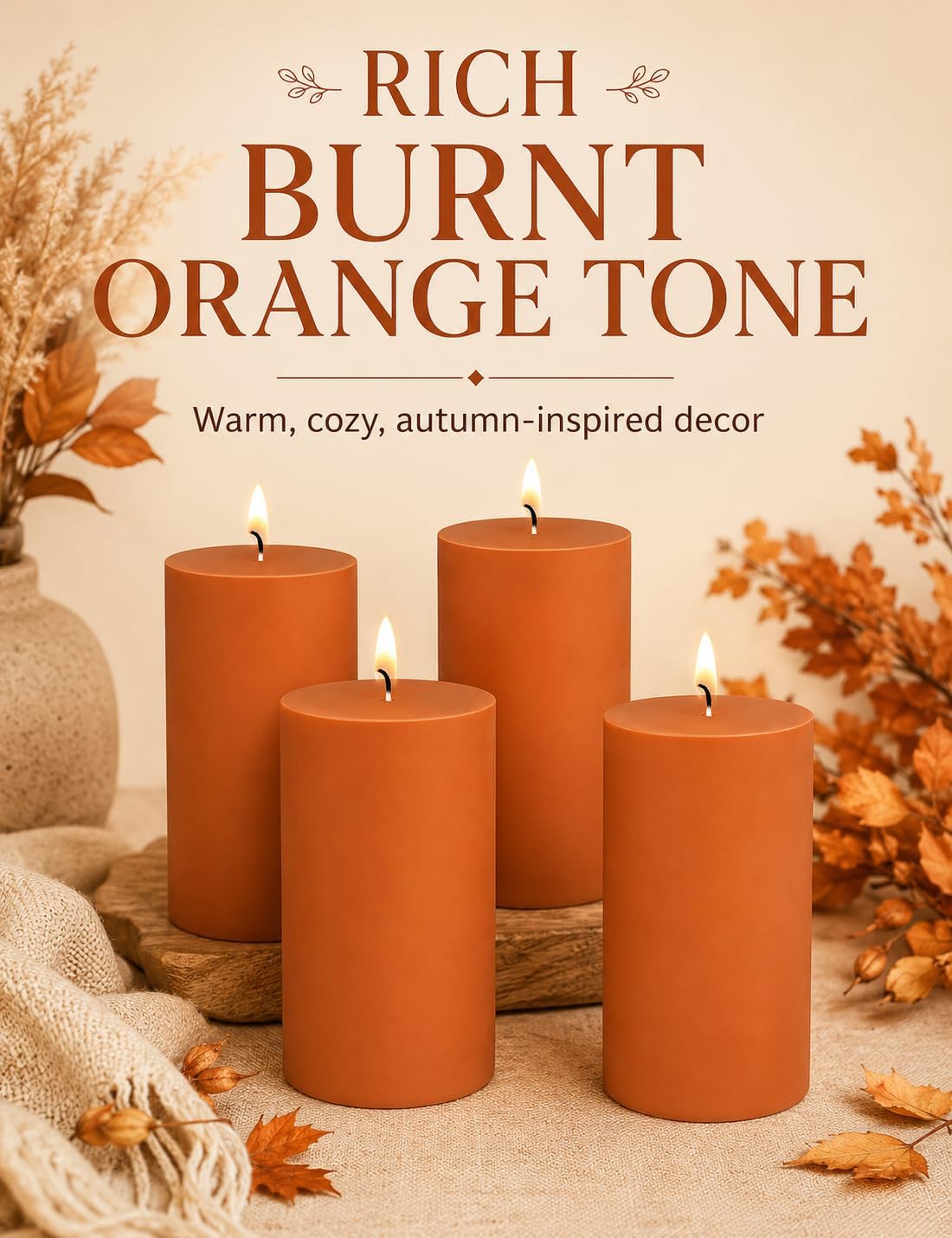 2x4 Inch Burnt Orange Unscented Pillar Candles for Fall Harvest