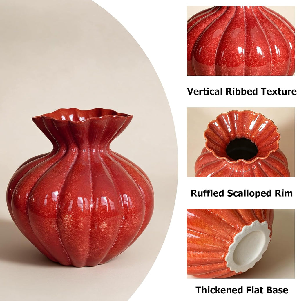 Ceramic Vase, Modern Boho Flower Vase for Home Decor, Unique Vase for Farmhouse Living Room Cabinet Table Centerpieces Wedding Decorations (Extra-Wide-Orange Red)