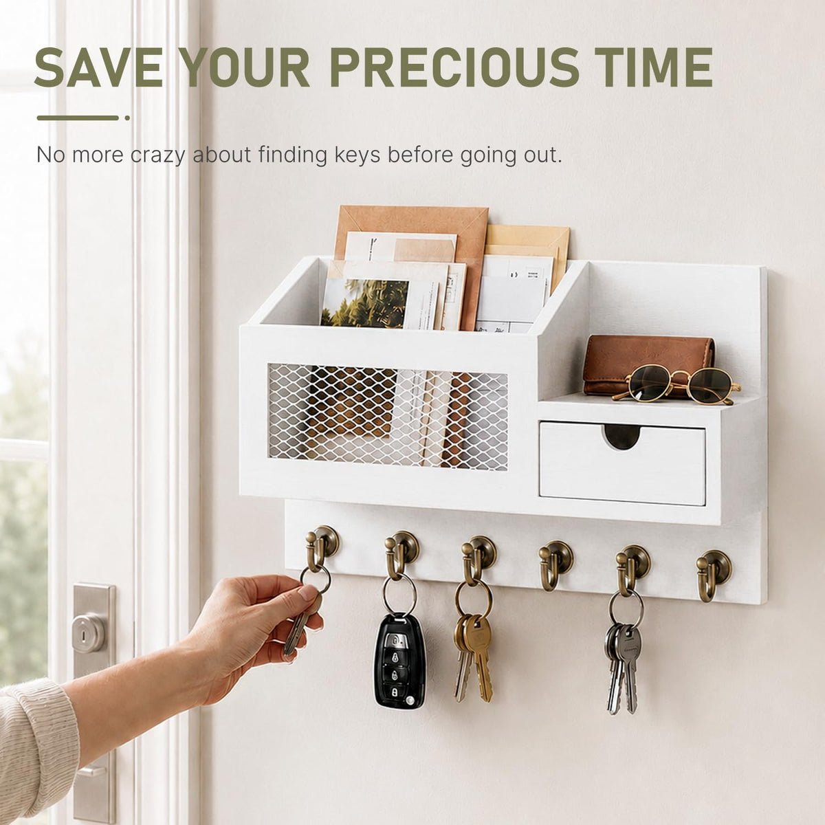 FifthQuarter Key Hanger Wall Mount with Drawer and 6 Sturdy Hooks, B-White