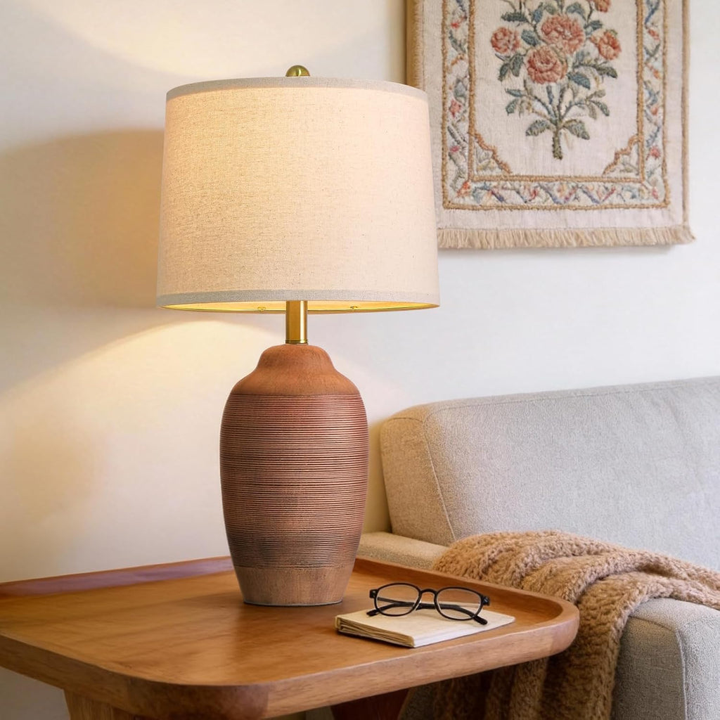 24.5" Single Rustic Terracotta Brown Handcrafted Ceramic Table Lamp 5FT Cord,Farmhouse Vintage Lamp with Linen Drum Shade, Bedside Lamp for Nightstands Bedroom Living Room Entryway,Bulb Not Included