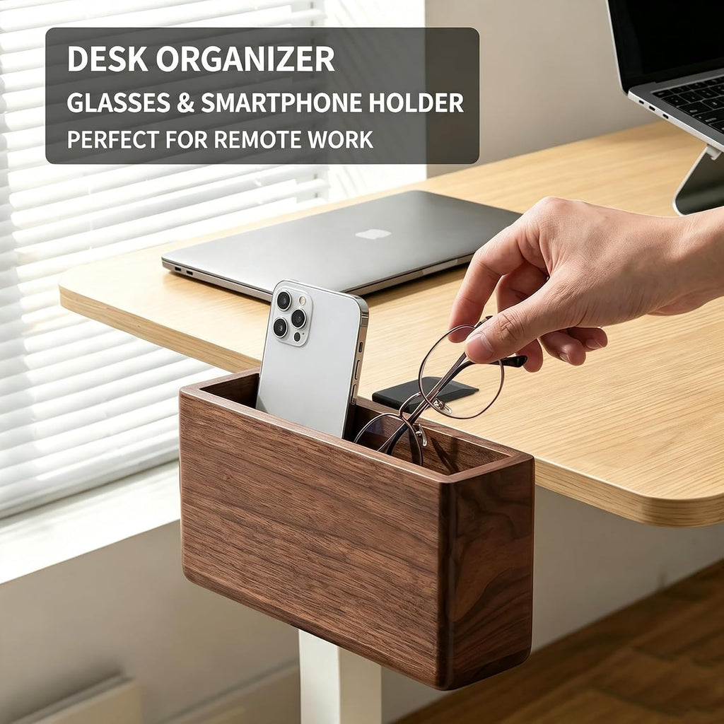 Clamp-on Desk Side Storage Rack,Wooden Side Desk Organizer Walnut