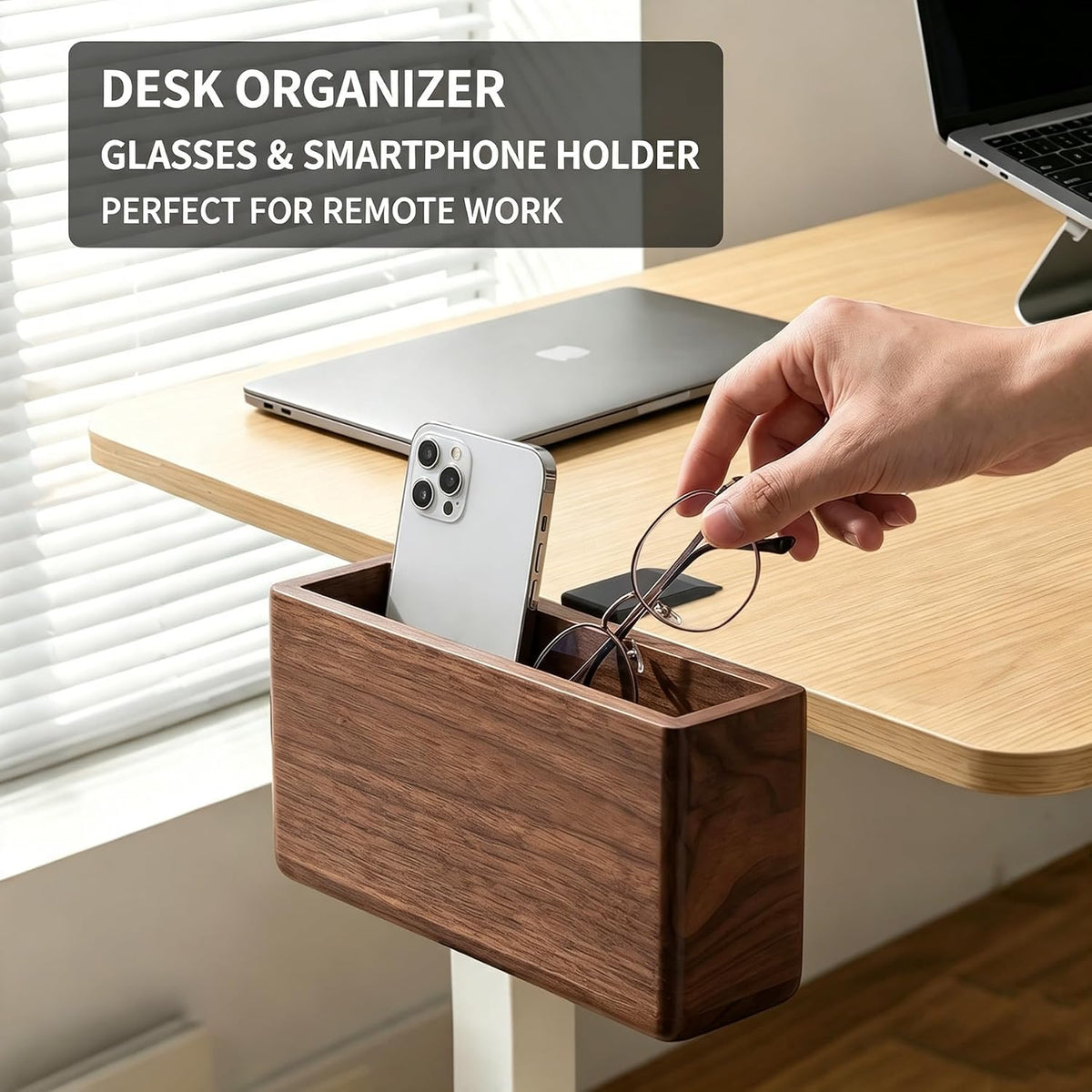 Clamp-on Desk Side Storage Rack,Wooden Side Desk Organizer Walnut