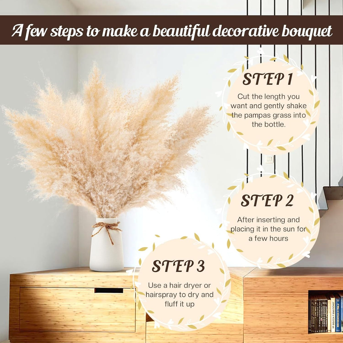 Pasuvsigt 12Pcs 17 Inch Dried Pampas Grass Fluffy Stem Home Wedding Decor