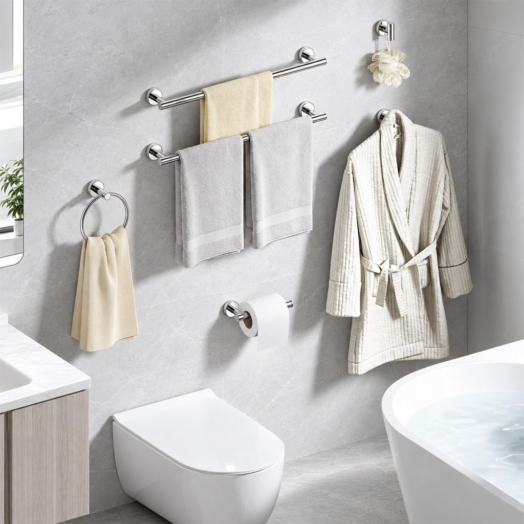 Chrome Bathroom Accessories Set, 6 Pieces Bathroom Hardware Set Chrome Bathroom Set, 24 Inch Towel Racks for Bathroom, SUS304 Stainless Steel Bath Towel Bar Set Toilet Paper Holder Wall Mounted