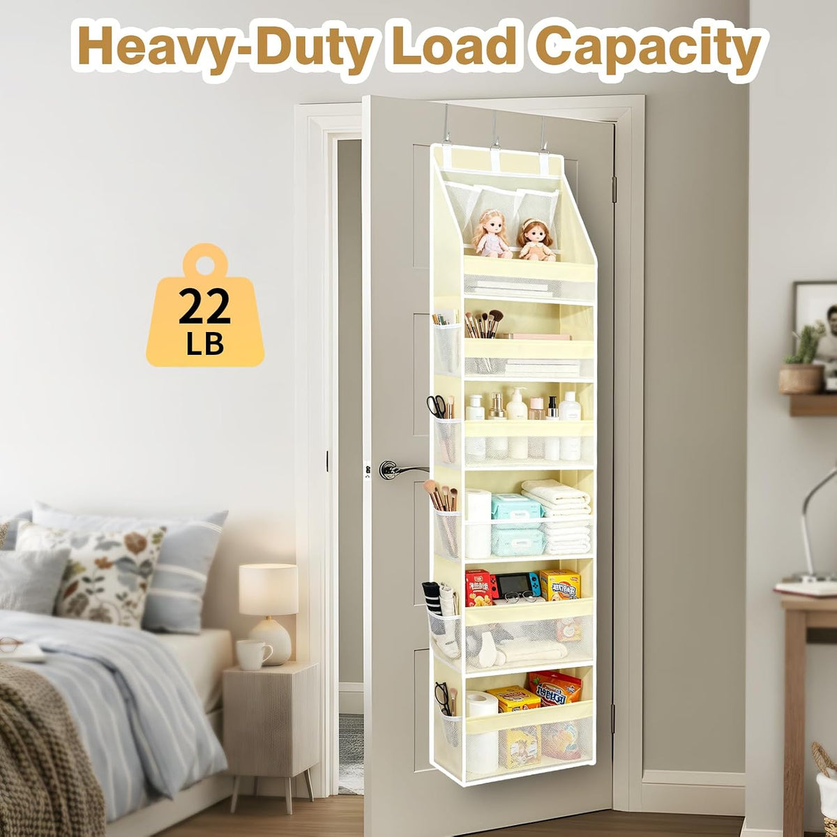 YooxArmor Over The Door Organizer, Hanging Storage with 6+10 Large Pockets, 22lbs Load Anti Tilt Behind Door Storage for Closet Bedroom Bathroom, White