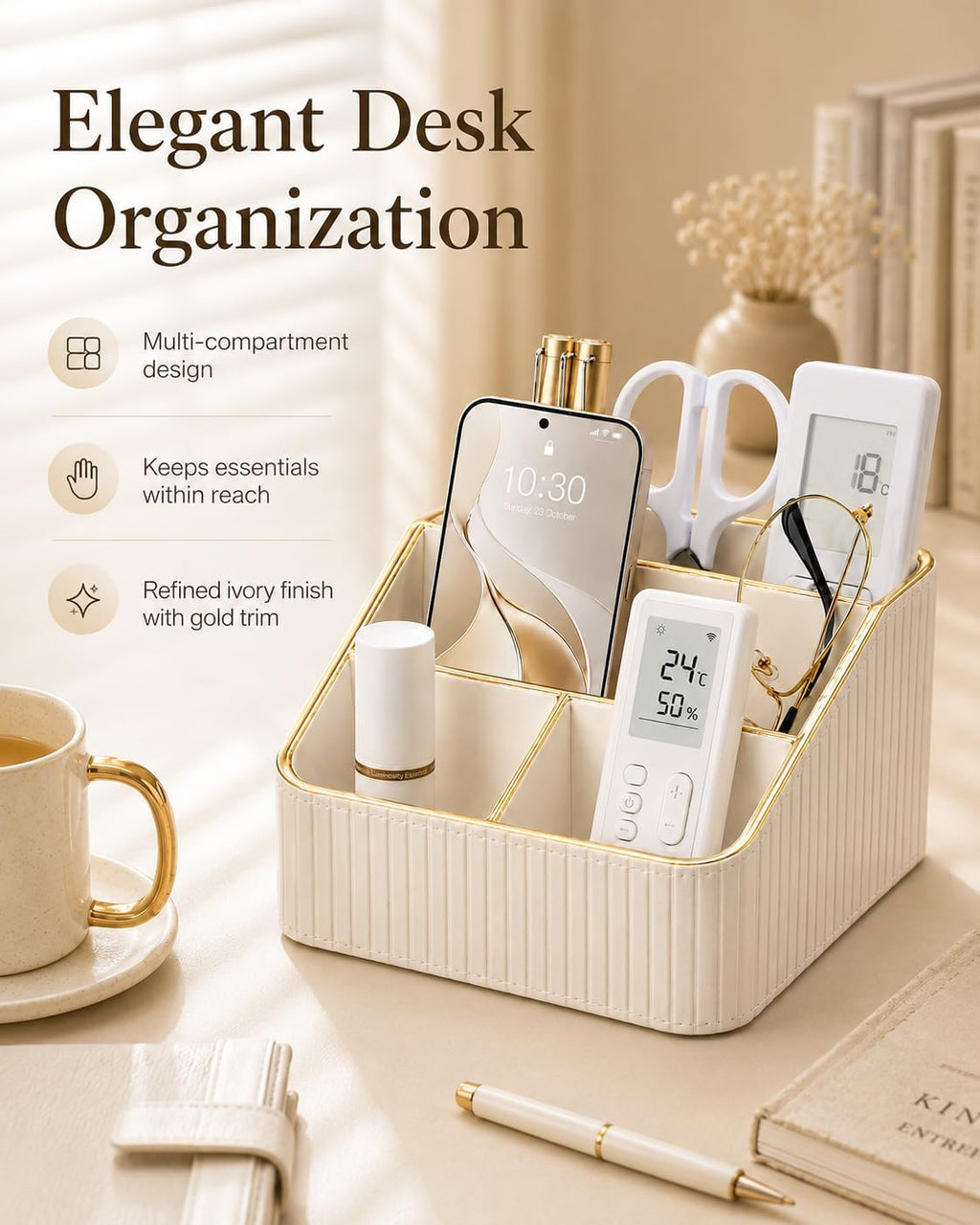 KINGFOM PU Leather Remote Control Holder, 4 Compartment Nightstand Organizer with Gold Trim, Small Desk Organizer for Office Supplies, Phone, Glasses, Pens, Bedside Table, Living Room Decor White