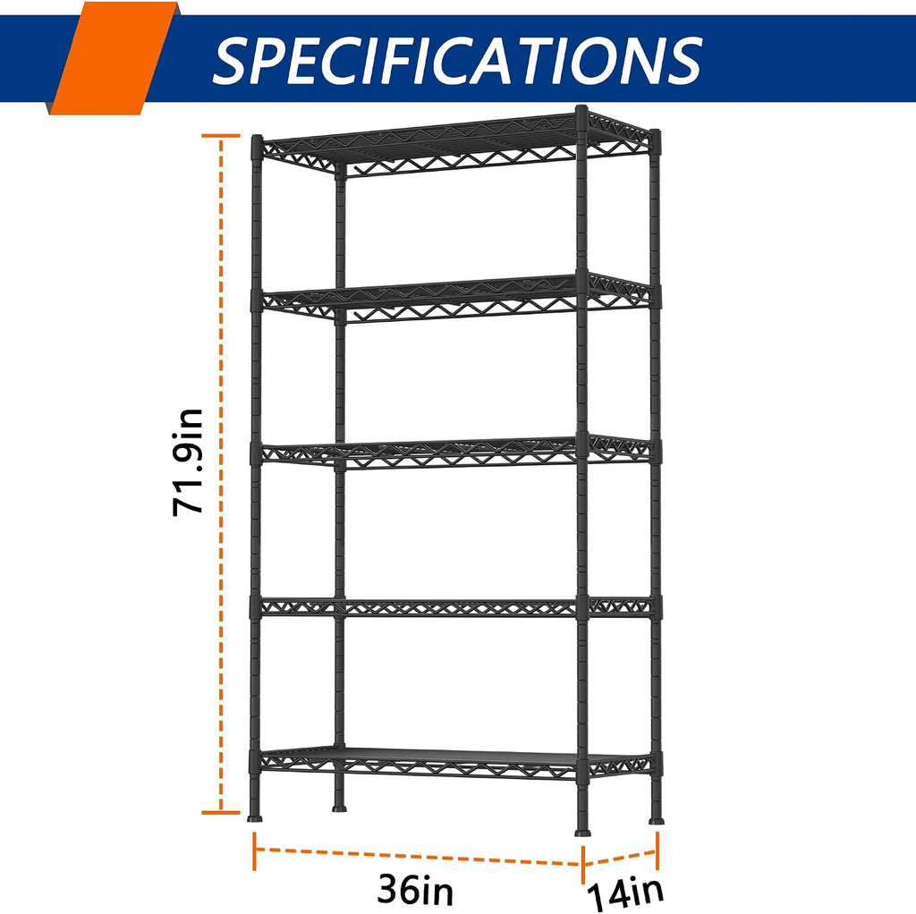 Soywey 5-Shelf Adjustable Heavy Duty Storage Shelving Unit, Metal Organizer Wire Rack for Laundry Bathroom Kitchen Pantry Closet, Black