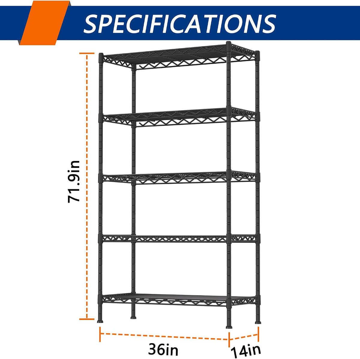 Soywey 5-Shelf Adjustable Heavy Duty Storage Shelving Unit, Metal Organizer Wire Rack for Laundry Bathroom Kitchen Pantry Closet, Black