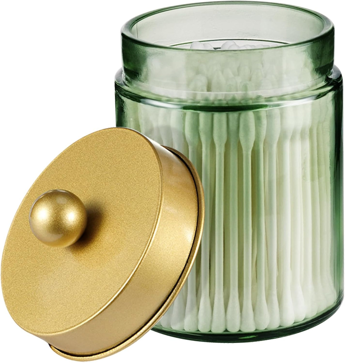 Amolliar Green Glass Apothecary Jar, Qtip Holder Bathroom Decor, Jar, Gold