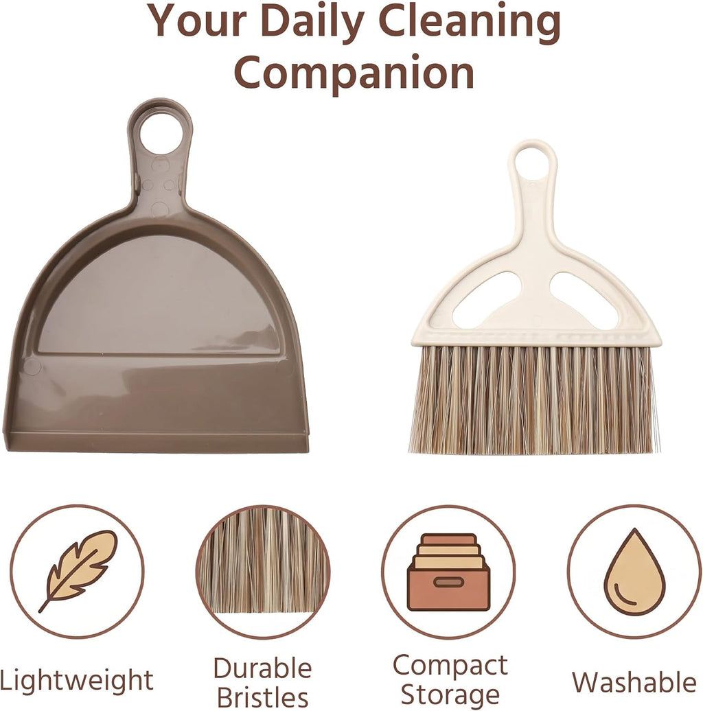 Mini Broom and Dustpan Set, Compact Hand Brush Dust Pan Combo for Desk, Keyboard, Car Interior, Countertop, Cat Litter, Small Space Cleaning, Brown